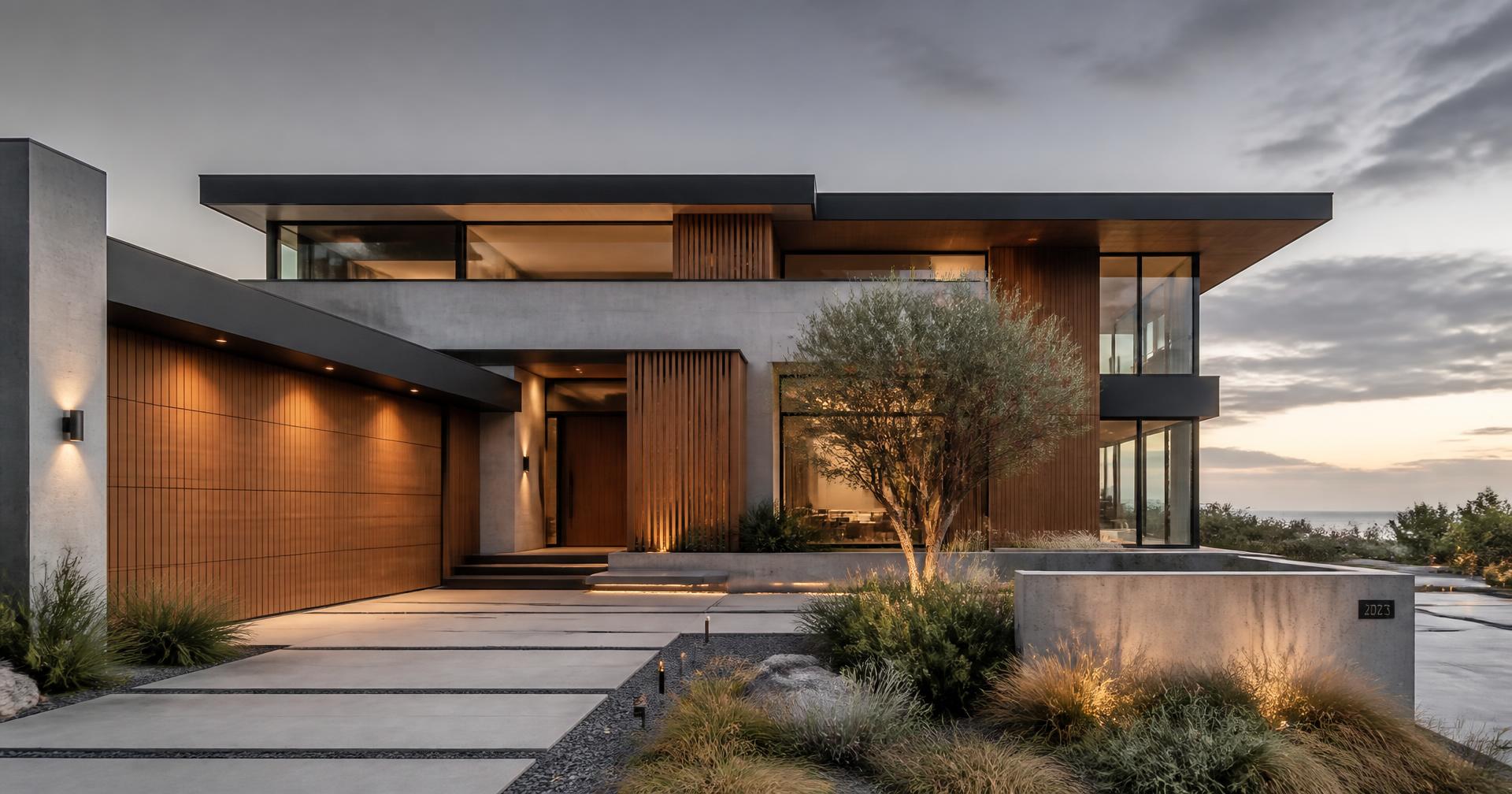 Custom home built by La Rue Construction, lit at dusk